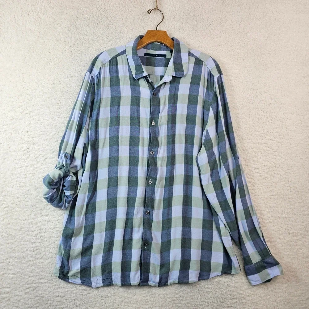 Perry Ellis Mens XXL Blue Green Plaid Viscose Long Sleeve Roll Tab Button Shirt